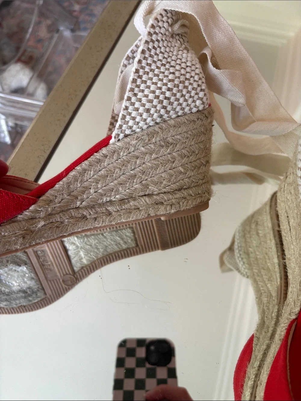 J. Crew Red Espadrille Wedge Sandals with Cream Ankle Ties